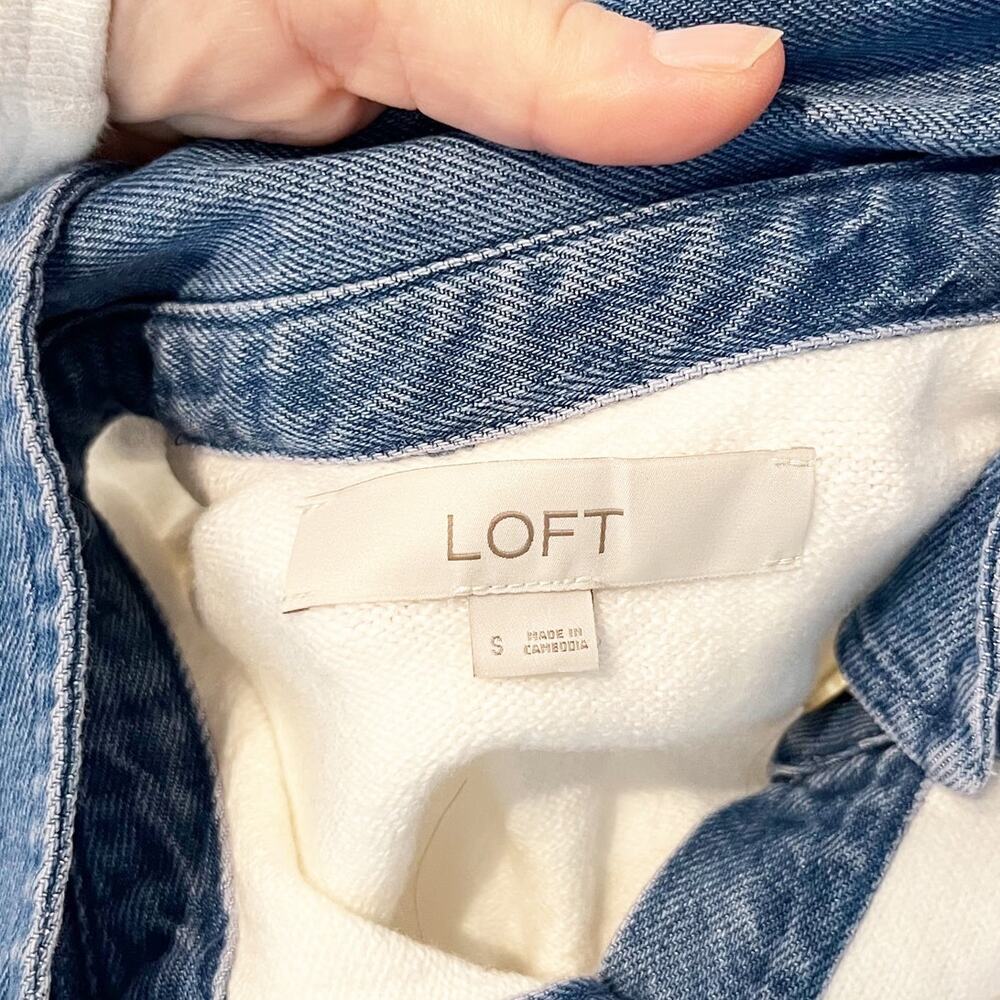 LOFT Denim Collar Henley Long Sleeve Sweater Cream Blue Small - Picture 3 of 5